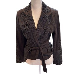 Megan Park England Brown Wool Angora Belted Open Front Sweater Jacket Floral M
